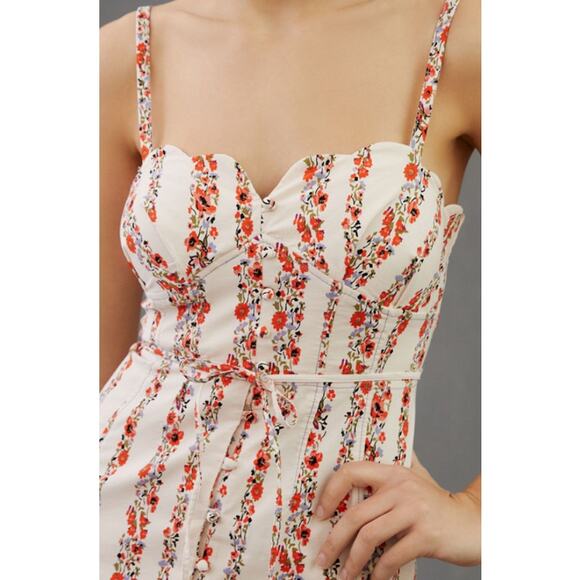 Anthropologie Slim Scalloped Corset Dress Floral Striped Belted Button Slit Midi - Picture 4 of 14